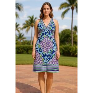 Roberto Cavalli Dress XL Floral Stripe Sleeveless Purple Green Boho Y2K Resort